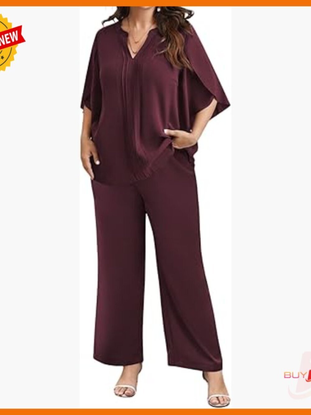 Plus Size Pantsuit Set 3/4 Sleeve Blouse Wide Leg Pants Wedding Work Formal